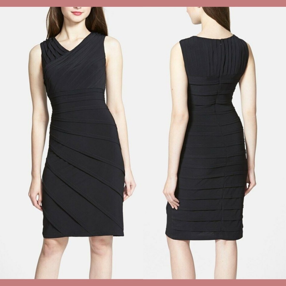 NWT Adrianna Papell V-Neck Shutter Pleat Sheath Dress Black [SZ 8 ]‎